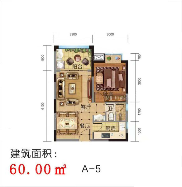 民生鳳凰城A-5戶型 1室2廳1衛(wèi)1廚60.00㎡