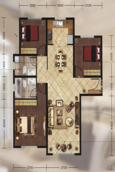 中城國際城C1戶型三室兩廳兩衛(wèi)117.47平 65.78萬元-套