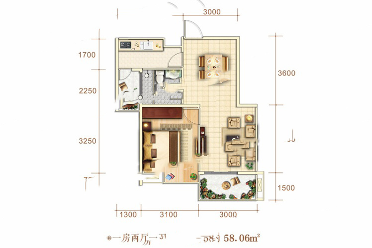 博泰·海畔瀾廷A戶型 1室2廳1衛(wèi)1廚 58.06㎡