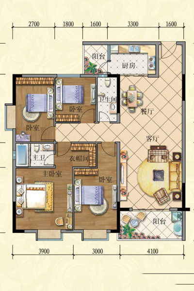 鴻福名苑D棟03戶型單位 4室2廳2衛(wèi)1廚 135.8㎡