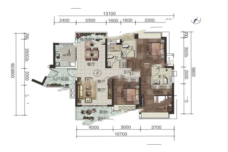 建華·翡翠城5座05B5戶型平層 3室2廳3衛(wèi)1廚126㎡ 79.38萬元-套