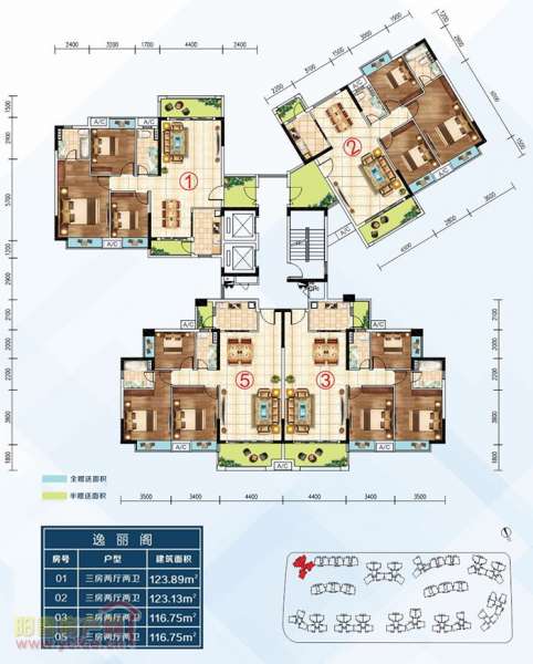 柏麗豪園逸麗閣 三房兩廳兩衛(wèi)一廚兩陽臺 123.89㎡