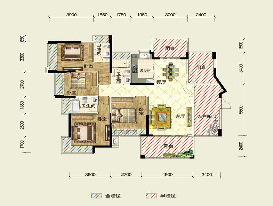 易生水岸花山4棟J戶型 4室2廳3衛(wèi)1廚 159㎡ 190.8萬元-套