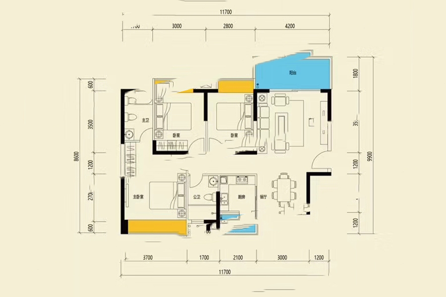 源東云錦二期03戶型103-107平米 3室2廳2衛(wèi)1廚 103㎡