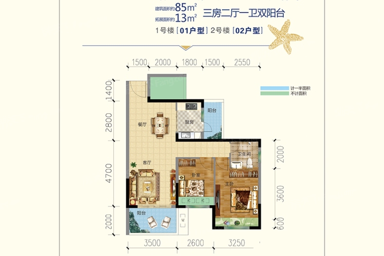 君臨.蔚藍(lán)海岸1號(hào)樓01戶型、2號(hào)樓02戶型 85㎡