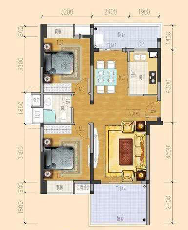 臨海家園臨海家園A戶型圖 2室2廳1衛(wèi)1廚  建筑面積83.97㎡